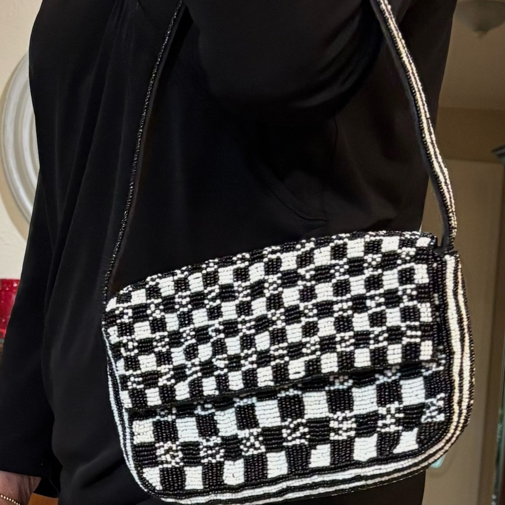 Anthropologie Black and White Beaded Shoulder Bag